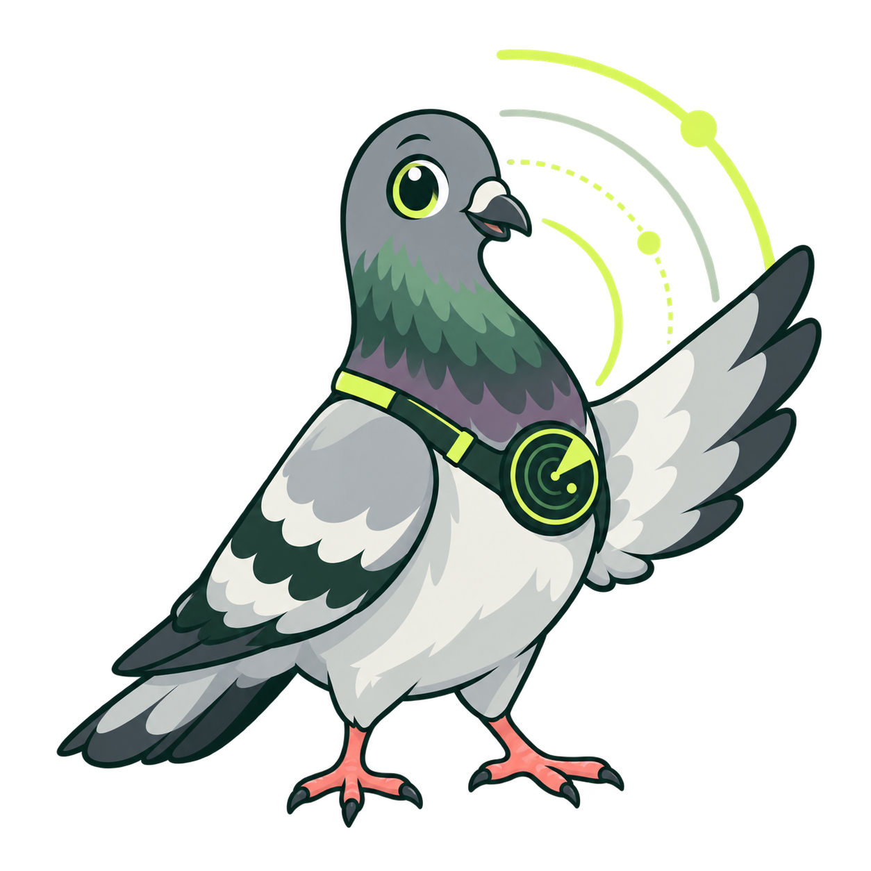 Pigeon Radar's pigeon mascot scanning the horizon